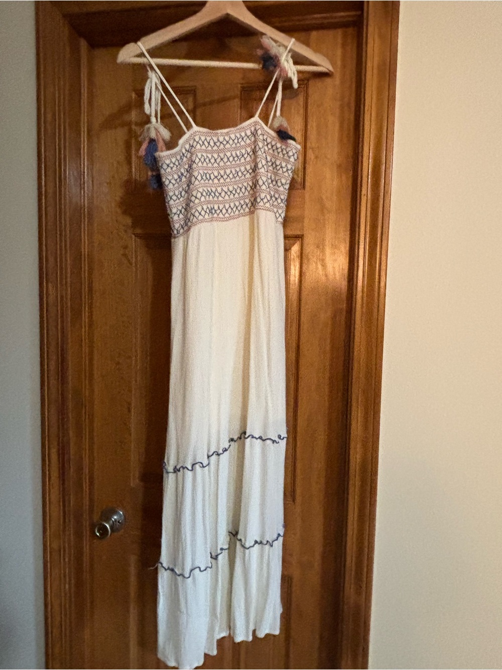 Hem & Thread Cream Maxi Sundress with Blue Embroidery